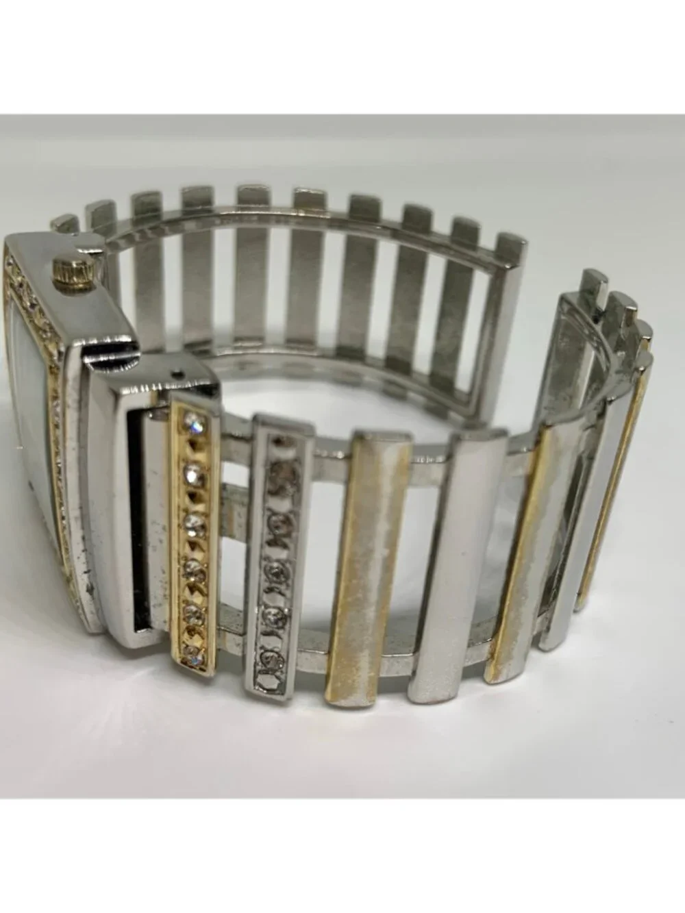 Women’s gold silver tone cuff bracelet watch 30mm rhinestones quartz 7” running
